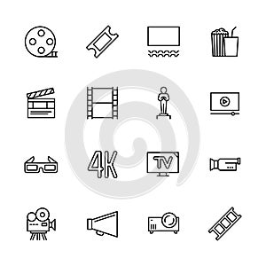 Simple set symbols cinema, filming cinema and film theater. Contains such icon movie, popcorn, cinema film, screen