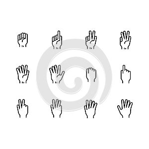 Simple set symbols hand and finge gesture line icon. Contains such icon hand palm, fist, index finger,thumb, victory