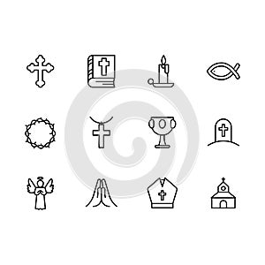 Basic RGBSimple set symbols religion and church line icon. Contains such icon religious cross, holy bible book, candle