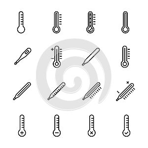 Simple set of thermometer related outline icons.