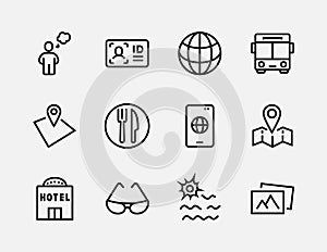 Simple Set of Travel Related Vector Line Icons. Contains such Icons as Luggage, Passport, Sunglasses and more. Editable