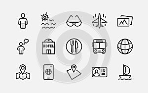 Simple Set of Travel Related Vector Line Icons. Contains such Icons as Luggage, Passport, Sunglasses and more. Editable