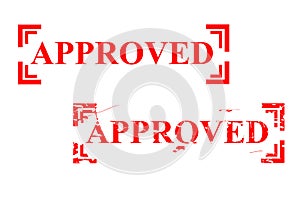 Simple Set 2 Vector red Rectangle rubber stamp effect Approved, Isolated on White