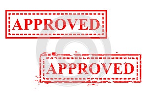 Simple Set 2 Vector red Rectangle rubber stamp effect Approved, Isolated on White