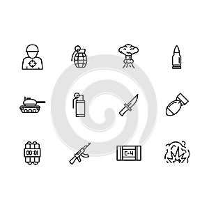 Simple set war, army, military and anti terrorism vector line icon. Contains such icons military soldier, grenade