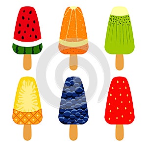 Simple set with watermelon, orange, qiwi, grape, strawberry, pineapple ice cream in retro style. Vector illustration