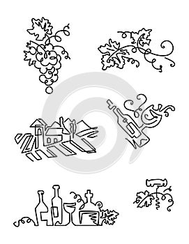 Simple Set of Wine Icons. Line art. Includes such Icons as grapes, bottle of wine with label, grape leaves, vineyard. photo