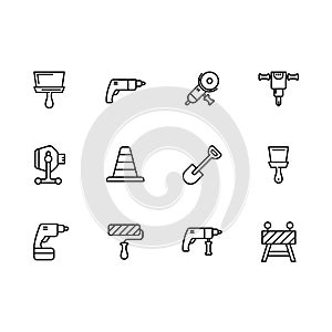 Simple set working tools for repair, design, construction and road works vector line icon. Contains such icons drill