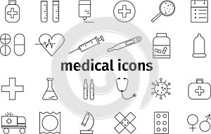 Simple shape medical icons. Resizable black elements. Vector set on a medical theme.