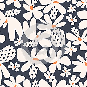 Simple shape Scandinavian flower motif seamless repeat pattern navy background