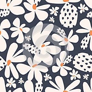 Simple shape Scandinavian flower motif seamless repeat pattern navy background