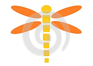 Simple shape symbol of a yellow dragonfly with orange wings white backdrop