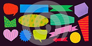 Simple shapes with various patterns in rough rustic style. Hand drawn vintage textboxes, banners and other forms with