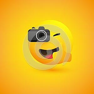 Simple Shiny Happy Smiling Photographer Emoji Taking Picture with a Digital Camera and Showing Thumbs Up