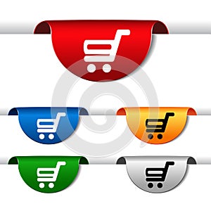 Simple shopping cart - trolley on green, blue, red, orange and silver label. Item, buy button for web page.