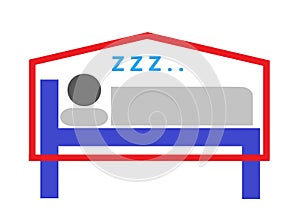 A simple side view outline shapes of a person lying on a bed sleeping protected by a mosquito net