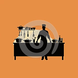 A simple silhouette of a chef in a kitchen. Flat clean illustration style