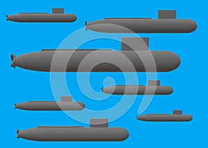 A simple simplified 3D model outline shape of a fleet of nuclear battle submarine light blue turquoise backdrop