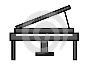 A simple simplified outline shape of a dark grey grand piano white backdrop