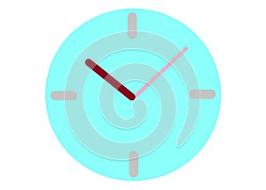 A simple simplified shape of a light blue round clock with maroon hour hand and light pink minute hand white backdrop