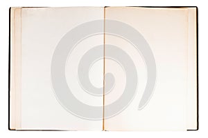 Simple single old open empty blank notebook, spread book pages top view, text space object isolated on white, cut out, copy space