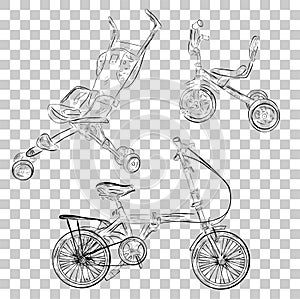 Simple sketch of baby stroller tricycle and folding bike at transparent effect background