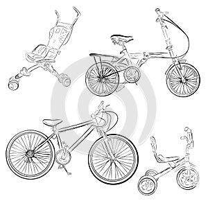 Simple sketch of baby stroller, tricycle, folding and mountain bike