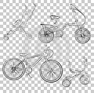 Simple sketch of baby stroller, tricycle, folding and mountain bike at transparent effect background