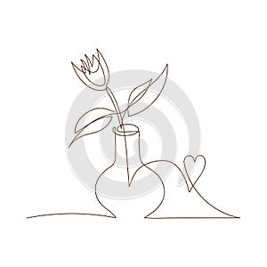 Simple sketch of tulip in vase, black line, doodle style. One flower in vase with heart line art icon, tulip silhouette