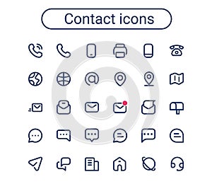 Simple small contact line icons set. Rounded mini communication vector icons. Pixel perfect.