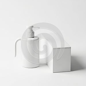 Simple soap dispenser and rectangular block on white background