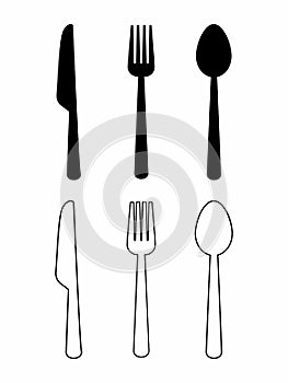 Simple Spoon, Fork, Knife Icon Silhouette and Outline Vector
