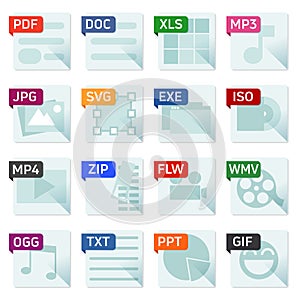 Simple square file types and formats labels icon set.