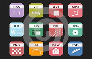 Simple square file types formats labels icon set presentation document symbol and audio extension graphic multimedia