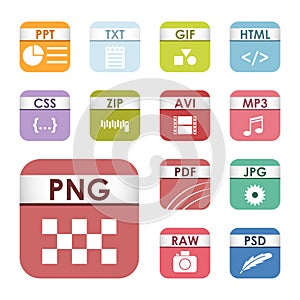 Simple square file types formats labels icon set presentation document symbol and audio extension graphic multimedia