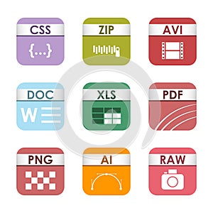 Simple square file types formats labels icon set presentation document symbol and audio extension graphic multimedia