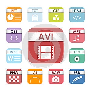 Simple square file types formats labels icon set presentation document symbol and audio extension graphic multimedia