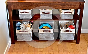 Simple storage baskets for toys on shelves for easy clean-up and kids access