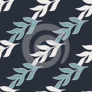 Simple style tropical branches seamless doodle pattern. Botany white and blue floral print on navy blue background