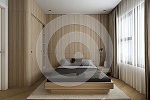 Simple style wooden Bed box with Pillows, headboard, Wooden style Wall and shelf, 3D rendering