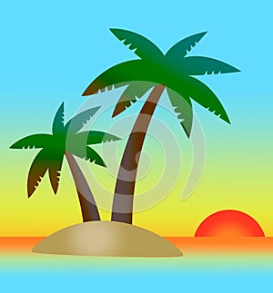 Simple stylised colorful sunset landscape with tropical island, palm trees, sea and sky using gradients. EPS 10 Vector