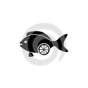 A simple, stylized black and white icon depicting a fish with a slice of citrus fruit, creating a unique and whimsical