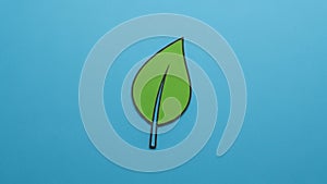 A simple stylized green leaf illustration is set against a solid blue