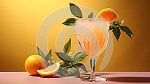 Simple summer alcohol beverage, Peach Bellini cocktail in glass isolated with copy space