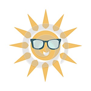 Simple Sun Icon With Face Wearing Dark Shade Glasses, Part Of Summer Beach Vacation Series Of Illustrations