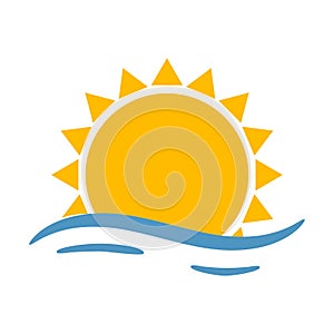 A simple sun with sea waves. Abstract sun with triangle rays. A symbol of summer, weather. Logo, simple vector