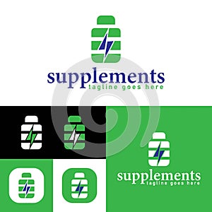 Simple supplements jar and energy logo. Creative concept, healthy life. Minimalistic Vector Illustration. Modern logotype