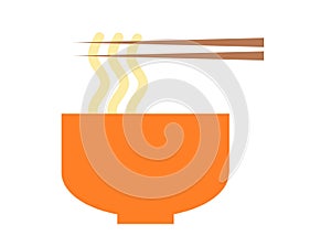 A simple symbol outline shape of a bowl of noodles picked up by a pair of chopsticks white backdrop