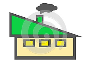 A simple symbol shape of a factory building with triangle roof and chimney letting out fumes smoke pollution white backdrop