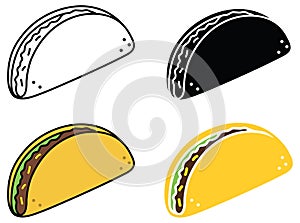 Simple Taco clipart Set - Outline, Silhouette and Color